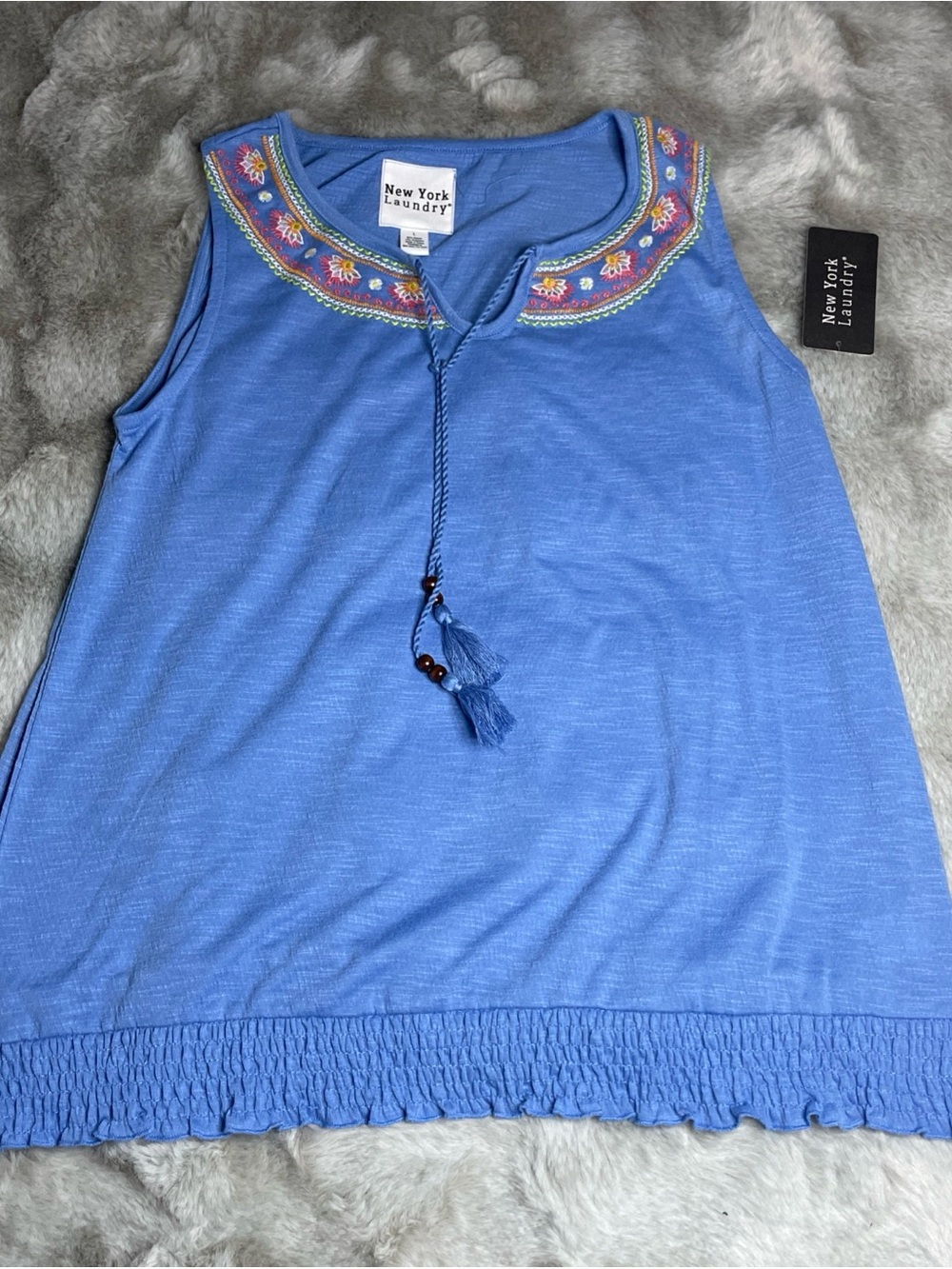 New York Laundry Blue Embroidered Tassel Tank-0258